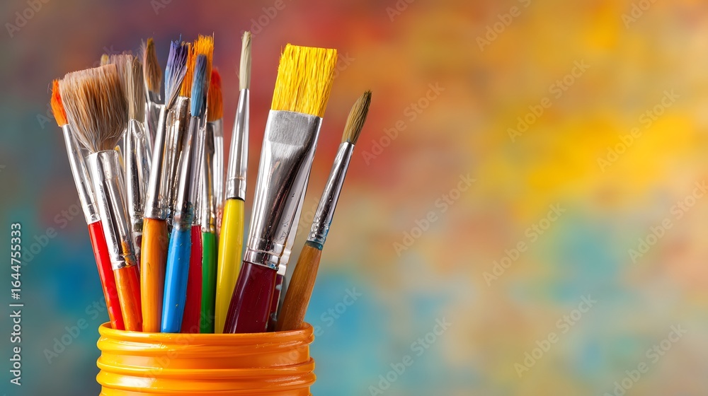 Fototapeta premium Colorful paintbrushes in an orange container.