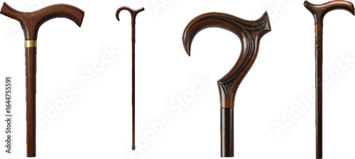 Collection of wooden walking canes in varying styles against a white background
