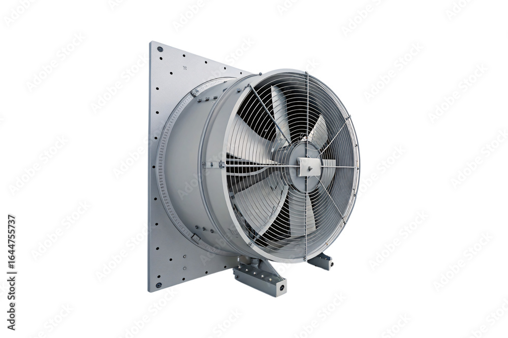 Large commercial axial fan with adjustable mounting bracket and protective wire guard for industrial use, isolated on a transparent background Large commercial axial fan with adjustable mounting bracket and protective wire guard for industrial use, isolated on a transparent background