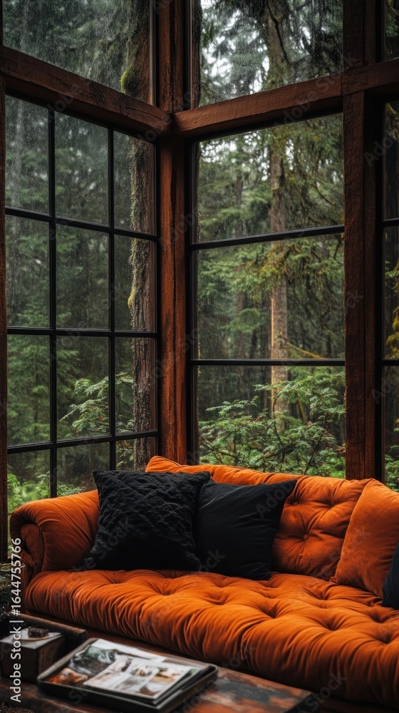 Fototapeta premium Serene Forest Cabin Interior: Cozy Sofa by Panoramic Window