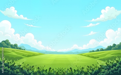 green field with sky background in pixel art style. High quality