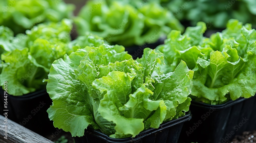 Fresh green lettuce growing in pots in garden Fresh green lettuce growing in pots in garden