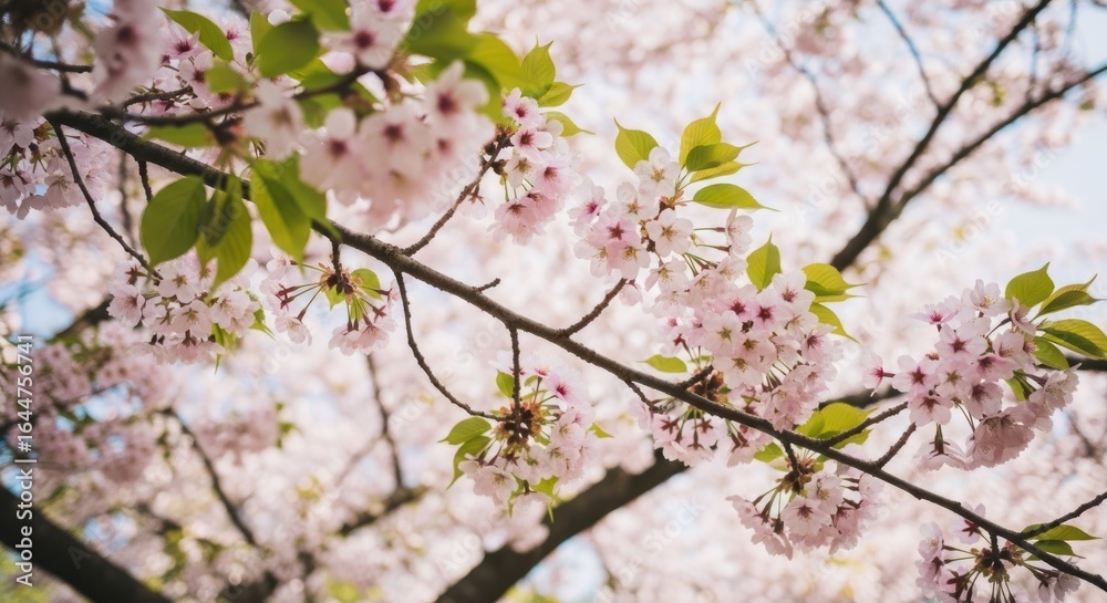 Obraz premium Cherry blossom branch with pink flowers against a soft blue sky, springtime scene