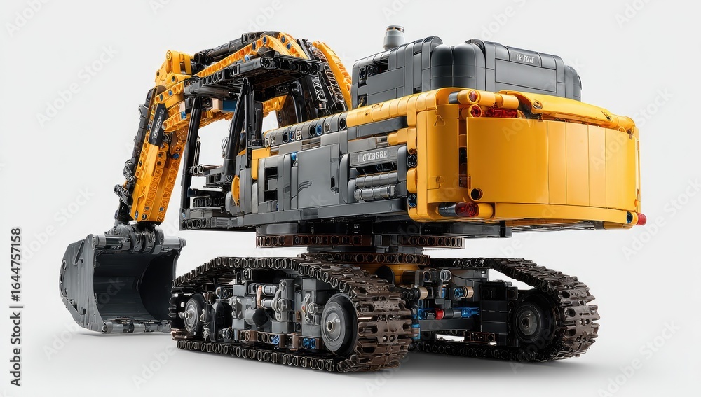 Fototapeta premium Detailed rear view of a large yellow and gray construction vehicle. Articulated arm, bucket, and tracks are clearly visible. Complex mechanical design