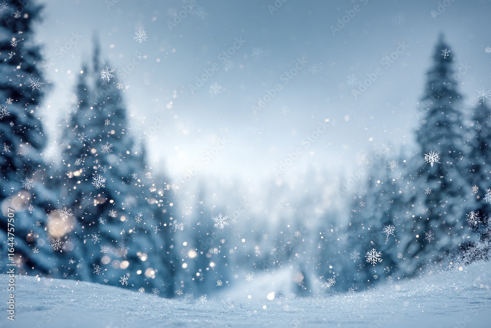 Naklejka premium Snowy winter landscape with snow-covered trees. Soft, diffused light and falling snow