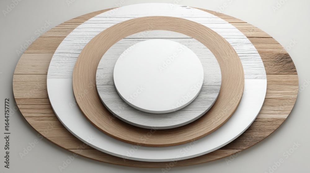 Fototapeta premium White plate and wooden plate displaying economic cycle analysis in a minimal visual representation of concepts