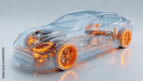 Transparent, see-through car with glowing internal components