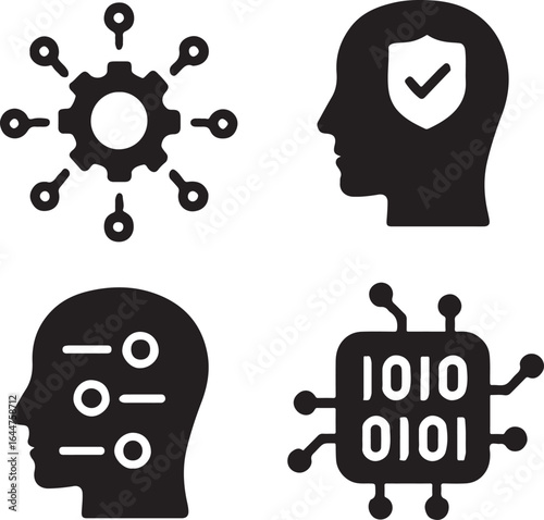 Vector Icons:  AI, Cybersecurity, Network, and Data Processing Symbols;  Modern, Bold, Black artificial intellegence Sign Set.