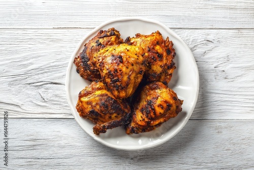 Roasted chicken pieces on a white plate