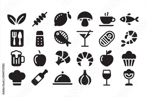 Solid Black Icons of Meals, Drinks, and Ingredients for Culinary Use