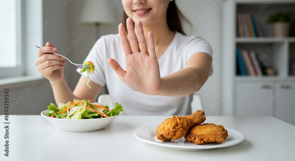 Woman choosing salad over fried chicken for a healthy lifestyle Woman choosing salad over fried chicken for a healthy lifestyle