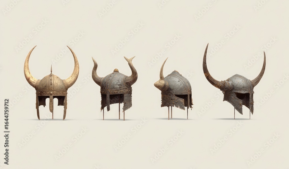 Obraz premium Four ancient horned helmets displayed