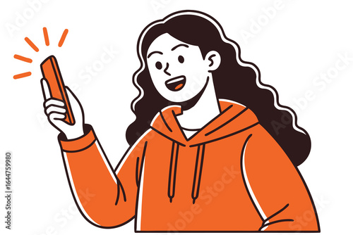Smiling Woman Using Smartphone in Orange Hoodie Cartoon Illustration Isolated on White Background