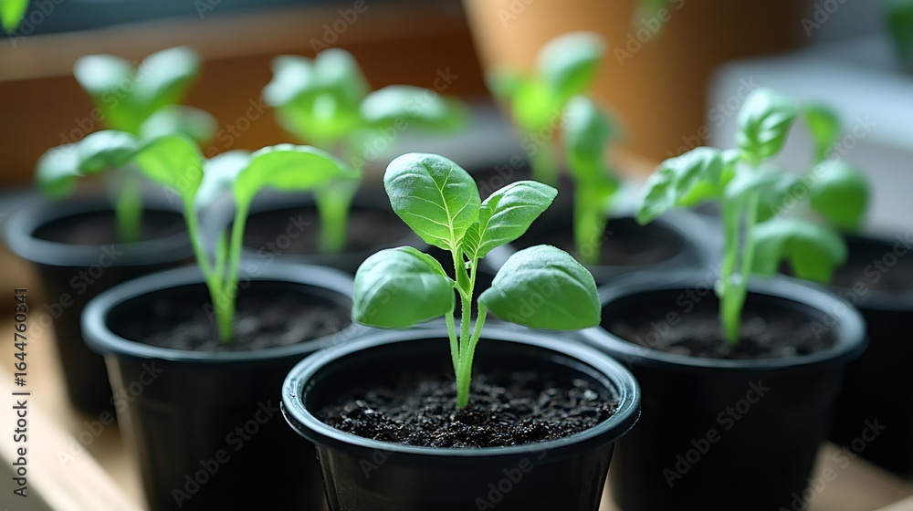 Seedlings growing in small pots on window sill Seedlings growing in small pots on window sill