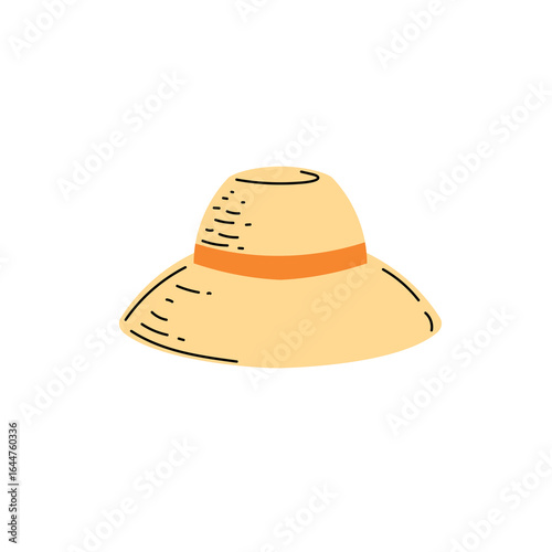 Beach straw summer women hat with orange ribbon. Modern flat design. Vector illustration isolated on white background.