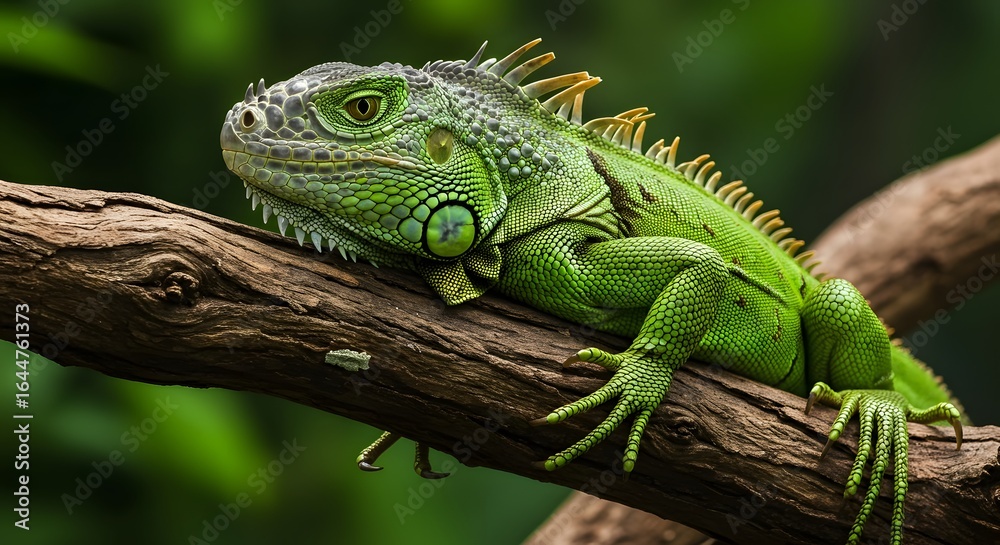 Fototapeta premium Green Iguana Resting on Branch, Detailed Scales and Spikes, Tropical Wildlife