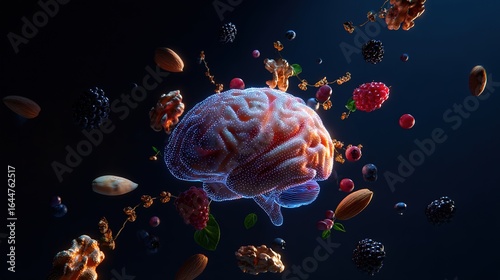 Vibrant glowing brain model surrounded by floating nutritious foods on a dark background.