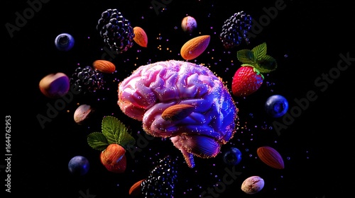 Vibrant glowing brain model surrounded by floating nutritious foods on a dark background.