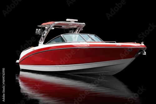 Red and white boat on black background, water reflection