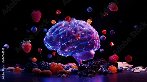 Vibrant glowing brain model surrounded by floating nutritious foods on a dark background.