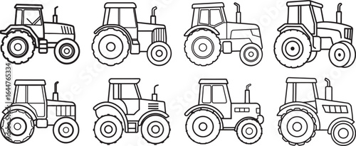 set of tractor line art, coloring book page line art drawing, vector and illustration