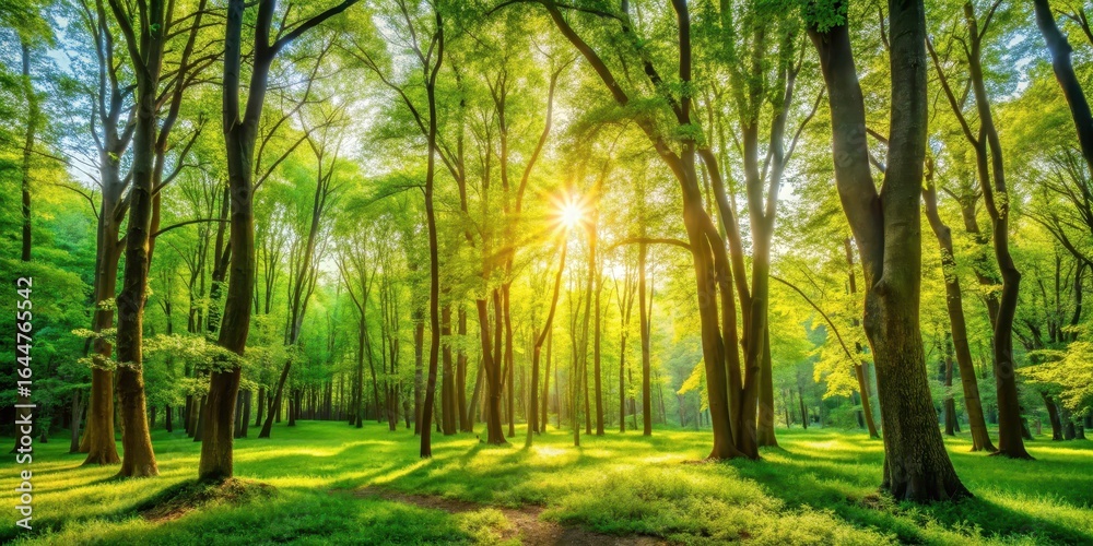 Fototapeta premium Sunny Day Lush Green Forest Landscape Scene