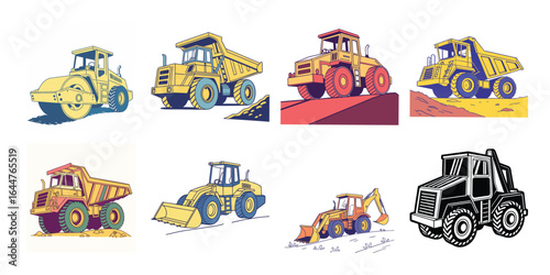 simple large construction vehicle silhouette simplified side view vector set on transparent background

