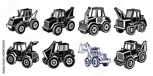 simple large construction vehicle silhouette simplified side view vector set on transparent background

