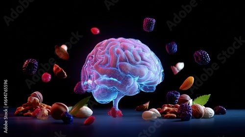 Vibrant glowing brain model surrounded by floating nutritious foods on a dark background.