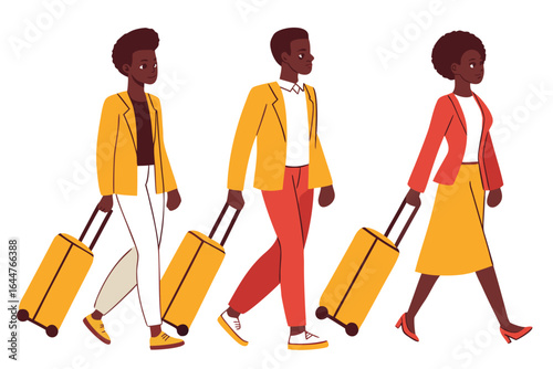 Three Stylish Black Travelers with Rolling Luggage on White Background Illustration Style