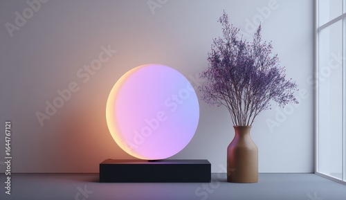 Minimalist scene with a glowing, gradient-colored orb on a black base, next to a vase of purple flowers near a window