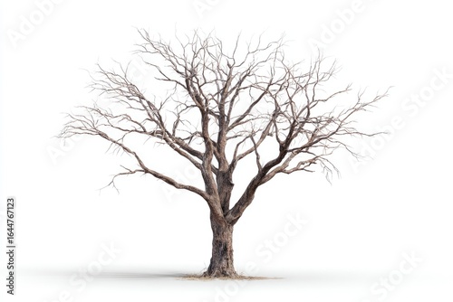 Isolated bare tree against white background.  A large, leafless tree with a wide, gnarled crown and a thick, light brown trunk.  It stands on a light-colored base