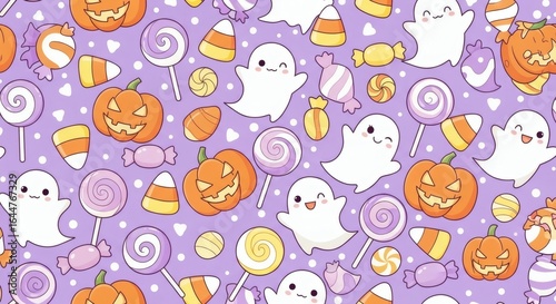 Cute Halloween pattern featuring ghosts, candy, and pumpkins.