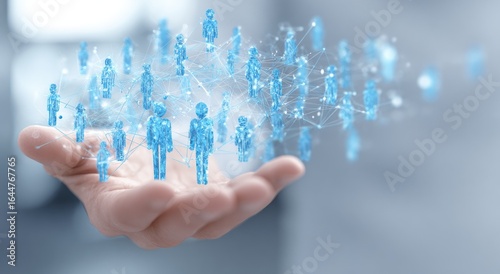 A hand holds a translucent, light-blue network of interconnected human figures