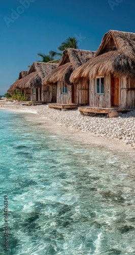 Four rustic beachfront bungalows with thatched roofs sit on a pristine, pebble beach beside clear turquoise water under a vibrant blue sky