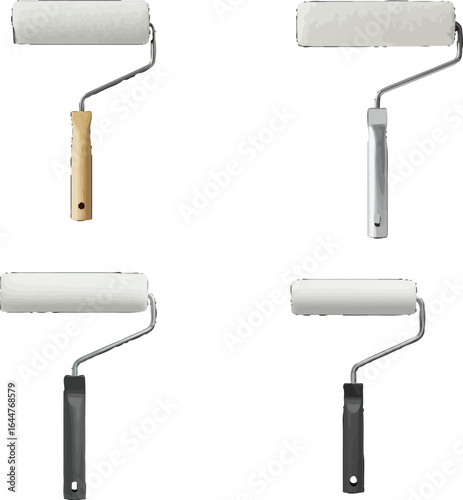 Diverse collection of paint rollers with varying handles on plain backdrop