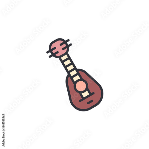 A cartoon-like illustration of a lute or mandolin with a brown body and a thick, dark outline, set against a white background.