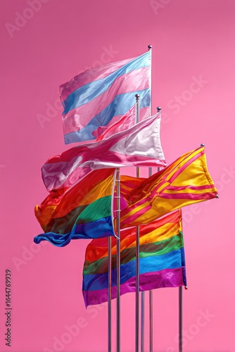 LGBTQ+ flags waving on poles against a pink background