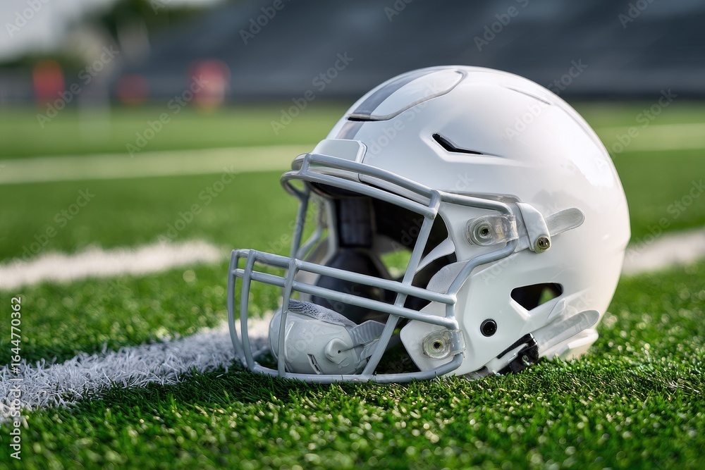 Fototapeta premium White football helmet on a grassy field (2)