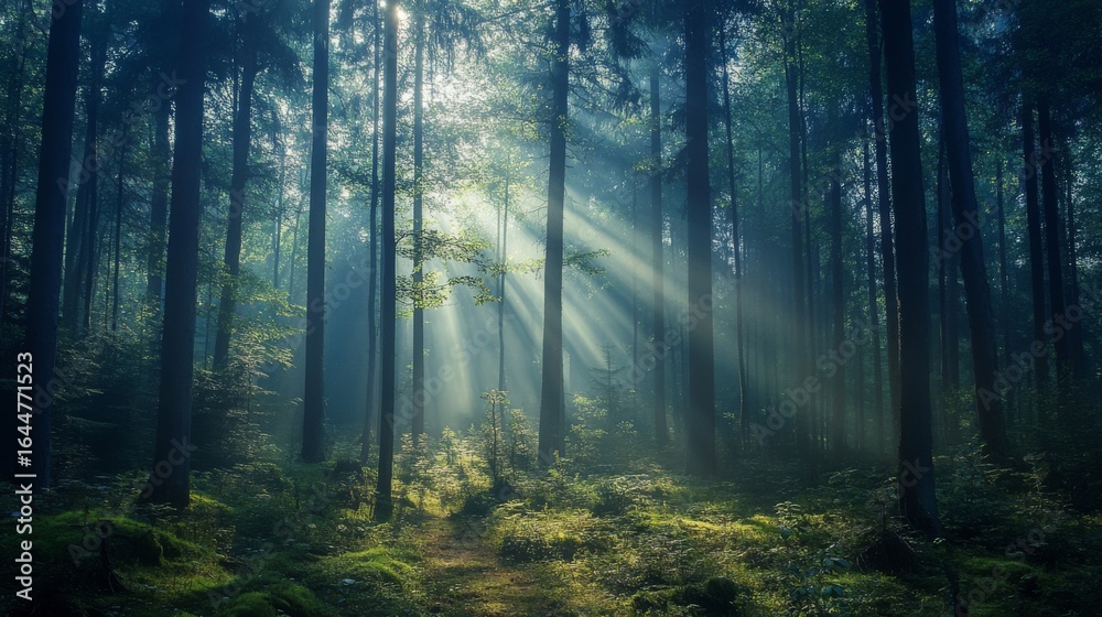 Fototapeta premium Sunlight beams through the dense forest canopy, creating a magical atmosphere.
