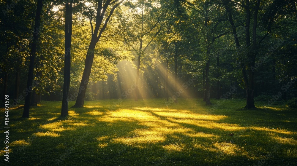 Obraz premium Sunlight beams through the trees in a forest, illuminating the green grass