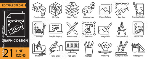Graphic design icon set collection in outline style. An icon pack contain design, art, creative idea, creativity, drawing, vector, graphic, photo edit, illustration, painting