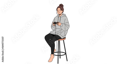 Young Woman Playing Video Games Illustration Featuring Casual Attire and Concentrated Expression, Suitable for Gaming, Entertainment, and Modern Lifestyle Content