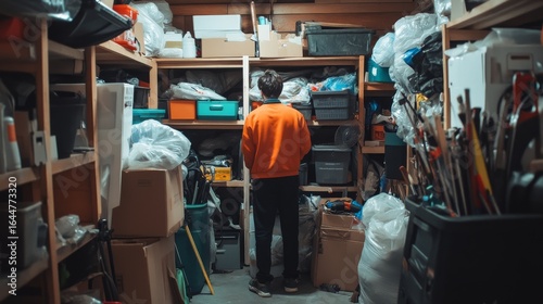 A person organizes a cluttered storage space filled with boxes and tools. This image captures the essence of tidying up and finding forgotten treasures. Generative AI