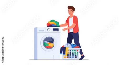 A man efficiently manages his daily laundry routine, sorting colorful clothes to wash in a modern washing machine, embodying household responsibility and domestic care.