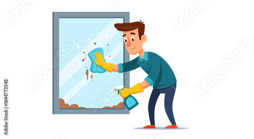 Man cleaning a dirty window or mirror with a spray bottle and sponge. Concept of household chores, domestic cleaning, and hygiene.