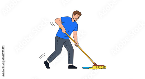 Man Moping Floor with Mop, Domestic Cleaning and Household Chores Illustration