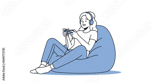 Woman Relaxing and Playing Video Games on a Beanbag Chair, Ideal for Illustrating Leisure Activities, Digital Entertainment, and Gaming Culture in Modern Lifestyle