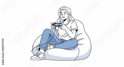 Relaxed Young Woman Enjoying Video Games on Beanbag Chair, Ideal for Gaming, Relaxation, and Modern Lifestyle Illustrations and Designs