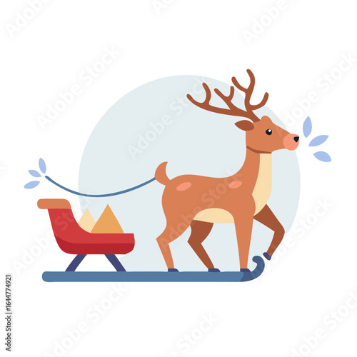 Reindeer pulling sleigh in cartoon winter scene